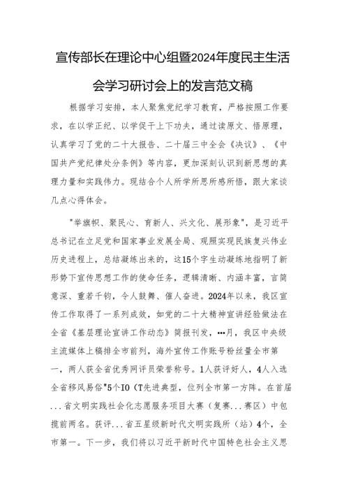 宣传部长在理论中心组暨2024年度民主生活会学习研讨会上的发言范文稿.docx