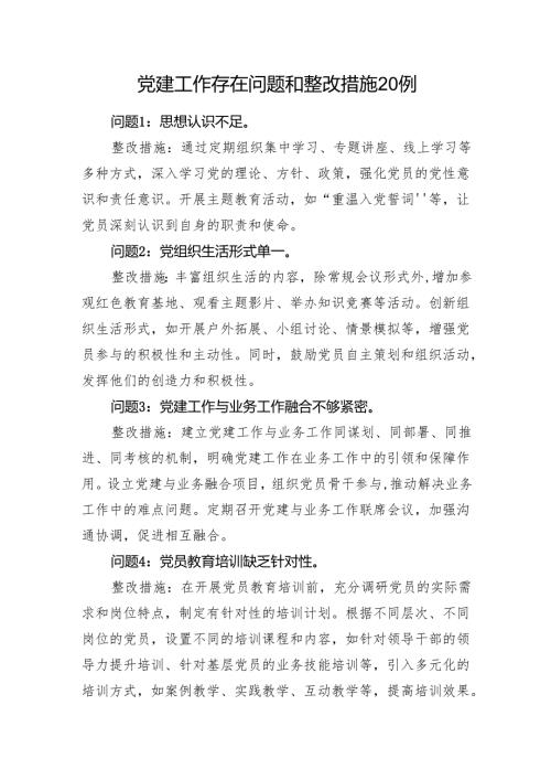 （会后）生活会党建工作存在问题和整改措施清单20条（问题整改台账）.docx