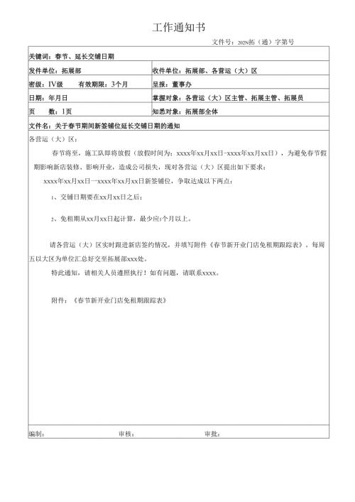 关于春节期间新签铺位延迟交铺的通知.docx