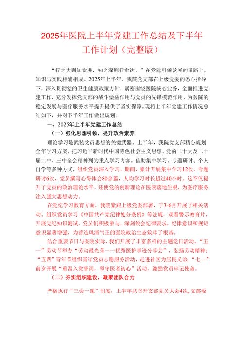 2025年医院上半年党建工作总结及下半年工作计划（完整版）.docx