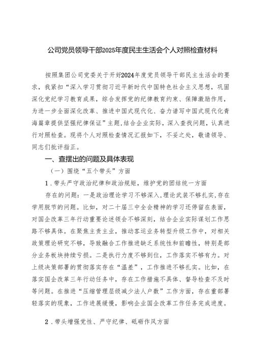 公司党员领导干部2025年度民主生活会个人对照检查材料(8篇).docx