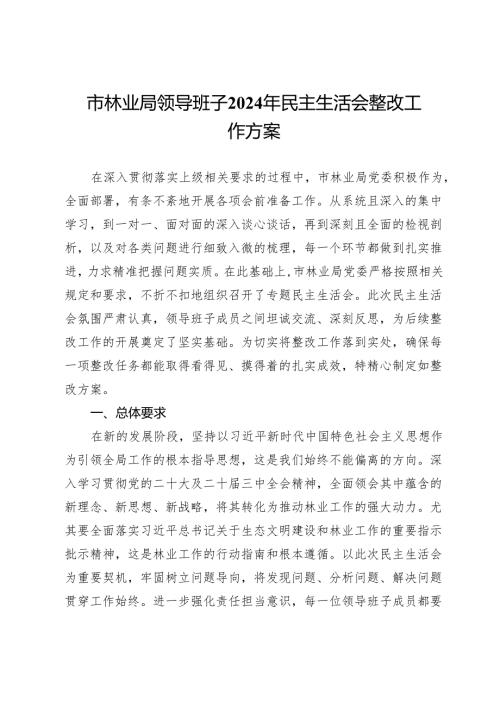 市林业局领导班子2024年民主生活会整改工作方案.docx