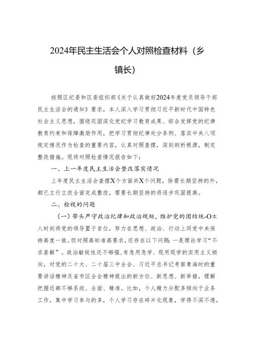 2024年度民主生活个人检查发言材料（乡镇长）.docx