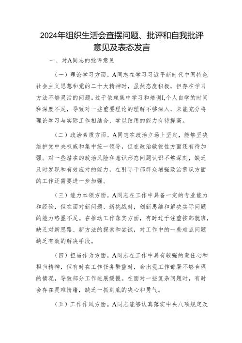 2024年组织生活会查摆问题、批评和自我批评意见及表态发言1.docx