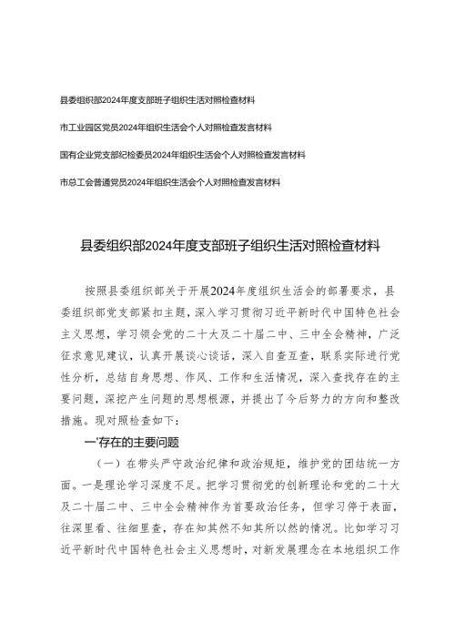 4篇（个人、班子）普通党员2024年组织生活会对照检查发言材料四个带头.docx