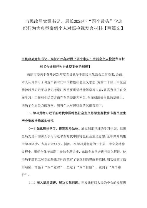 市民政局党组书记、局长2025年“四个带头”含违纪行为为典型案例个人对照检视发言材料【两篇文】.docx