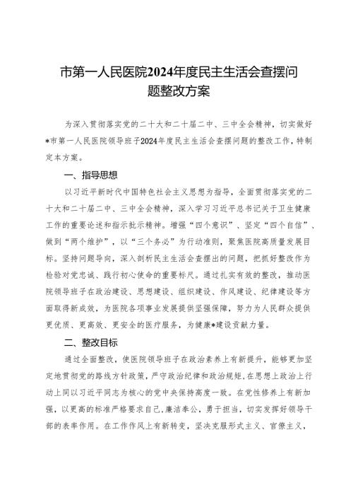 市第一人民医院2024年度民主生活会查摆问题整改方案.docx