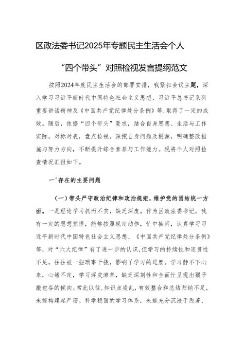 区政法委书记2025年专题民主生活会个人“四个带头”对照检视发言提纲范文.docx