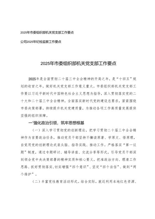 2025年市委组织部机关党支部工作要点+公司2025年纪检监察工作要点.docx