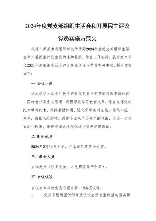 2024年度党支部组织生活会和开展民主评议党员实施方案参考范文.docx