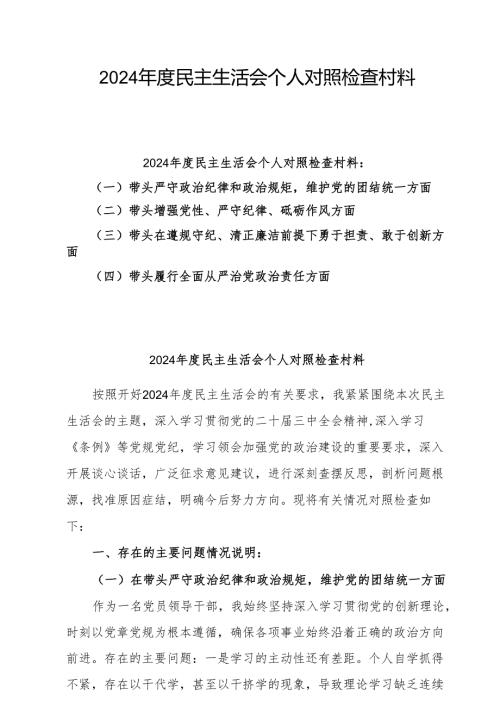 2024年度民主生活会个人对照检查发言（四个带头）八篇.docx