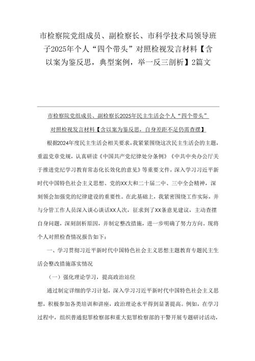 市检察院党组成员、副检察长、市科学技术局领导班子2025年个人“四个带头”对照检视发言材料【含以案为鉴反思典型案例举一反三剖析】2篇文.docx