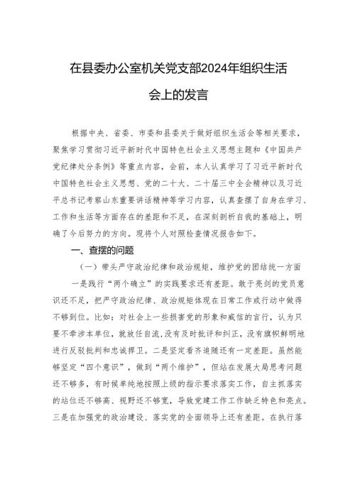 在县委办公室机关党支部2024年组织生活会上的对照检查发言.docx