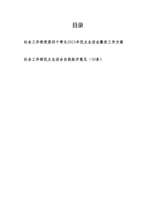 社会工作部党委四个带头2024年民主生活会整改工作方案和民主生活会自我批评意见(30条).docx