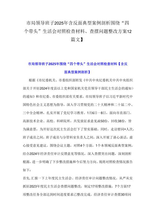 市局领导班子2025年含反面典型案例剖析围绕“四个带头”生活会对照检查材料、查摆问题整改方案【2篇文】.docx