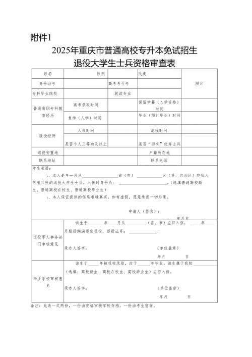 2025年重庆市普通高校专升本免试招生退役大学生士兵资格审查表.docx