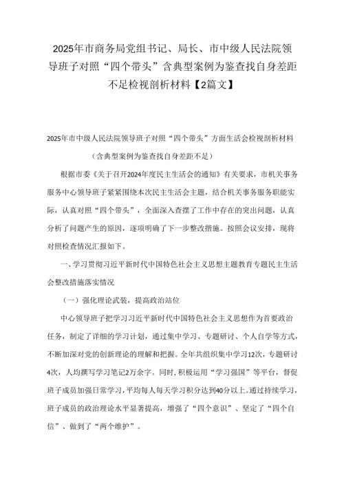 2025年市商务局党组书记、局长、市中级人民法院领导班子对照“四个带头”含典型案例为鉴查找自身差距不足检视剖析材料【2篇文】.docx