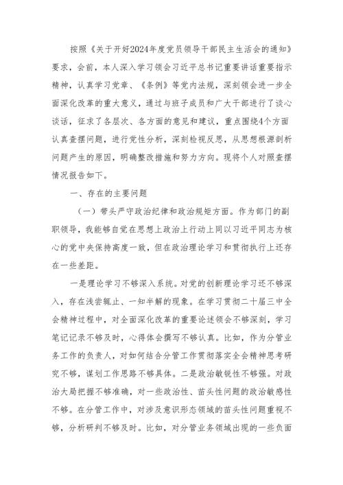 最新部门副职2024年度民主生活个人检查材料（四个带头）可编辑文档.docx