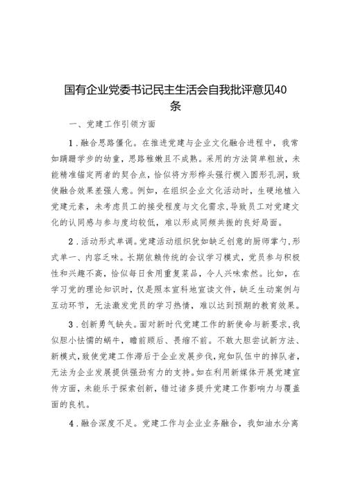 国有企业党委书记民主生活会自我批评意见40条.docx