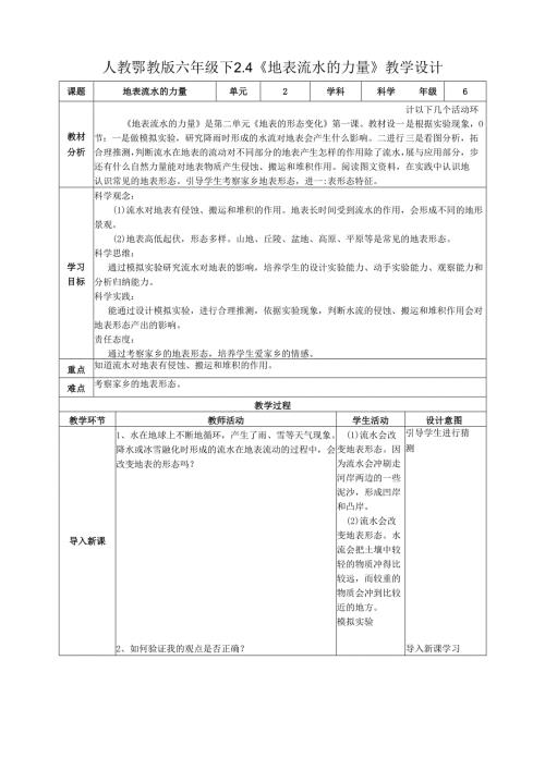 2025鄂教人教版科学六年级下册 第二单元 地表形态的变化2.4《地表流水的力量》教案.docx