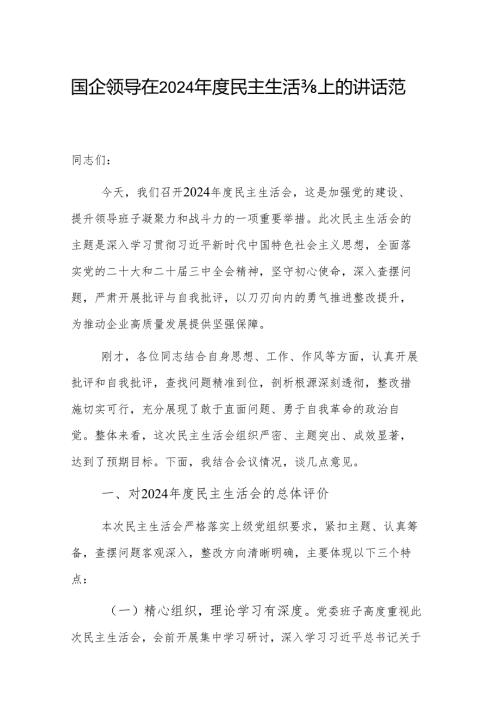 国企领导在2024年度民主生活会上的讲话范文稿.docx