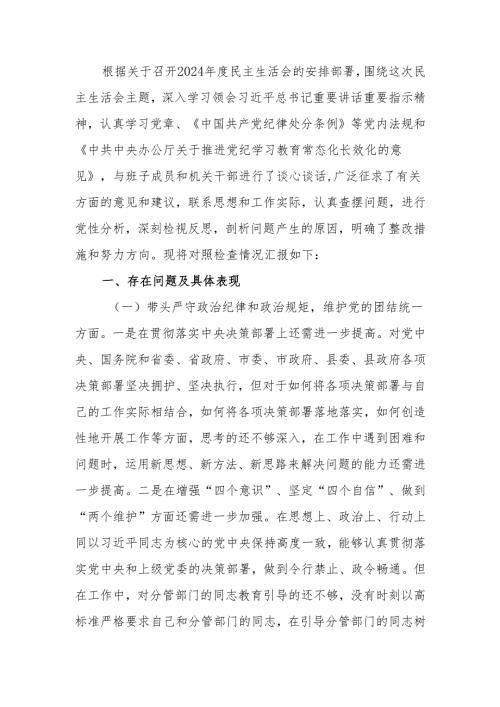 最新2024年民主生活个人检查剖析材料（领导班子成员个人发言提纲）可编辑文档.docx