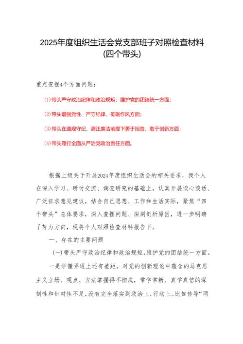 2024年度组织生活会对照检查材料(“四个带头”).docx
