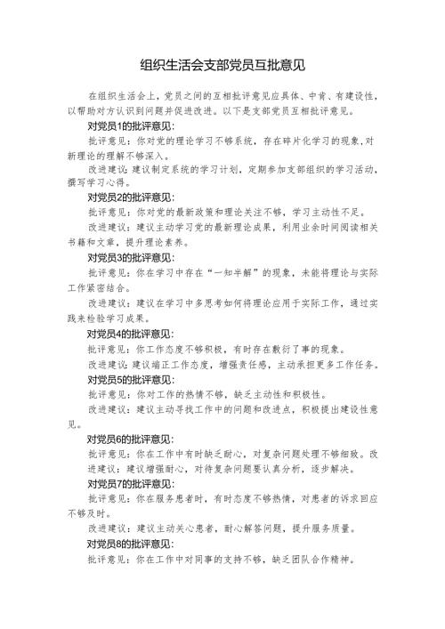 2024年度组织生活会支部党员互批意见.docx
