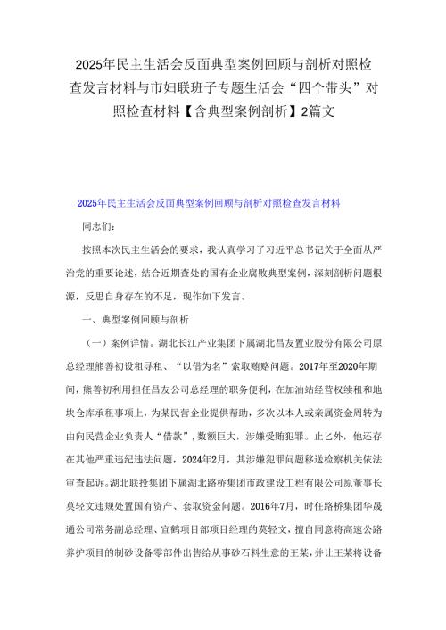 2025年民主生活会反面典型案例回顾与剖析对照检查发言材料与市妇联班子专题生活会“四个带头”对照检查材料【含典型案例剖析】2篇文.docx