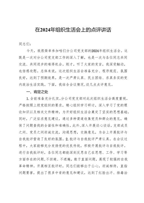 在2024年组织生活会上的点评讲话.docx