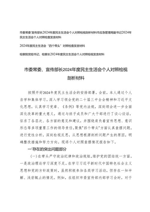 市委常委、宣传部长、书记、党组书记、检察长2024-2025年度民主生活会个人对照检视剖析存在问题、原因分析、整改措施.docx