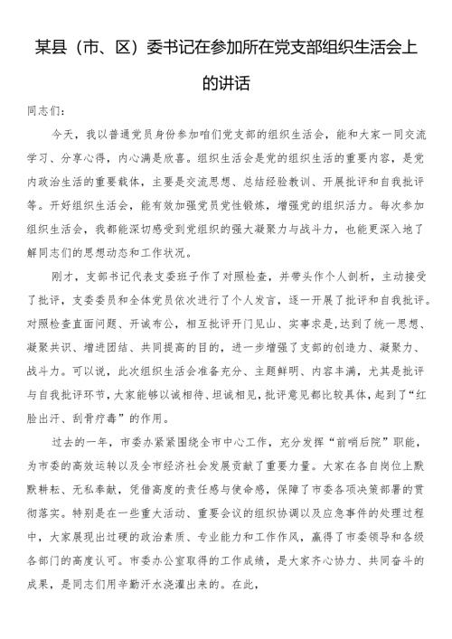 某县（市、区）委书记在参加所在党支部组织生活会上的讲话.docx