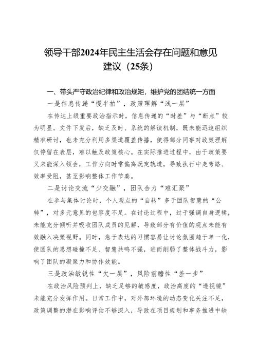 领导干部2024年民主生活会存在问题和意见建议（25条）.docx