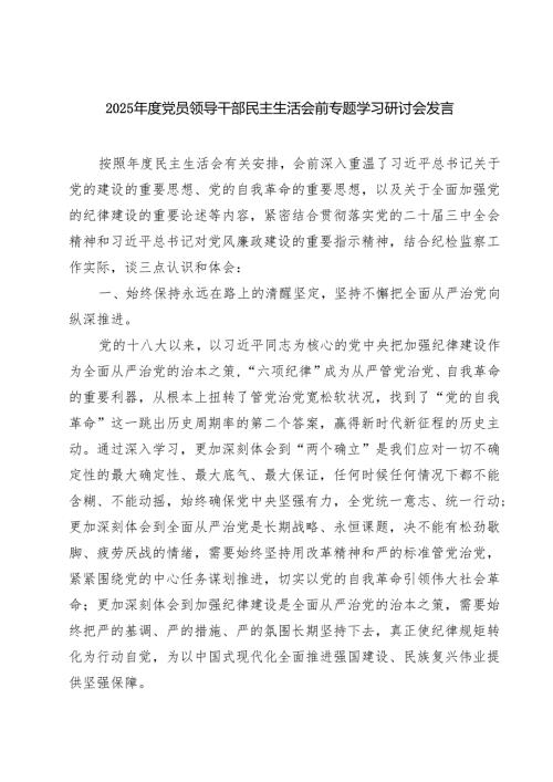 2025年度党员领导干部民主生活会前专题学习研讨会发言（精选3篇）.docx