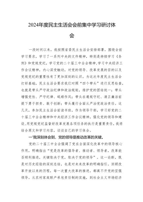 2024年度民主生活会会前集中学习研讨体会材料.docx