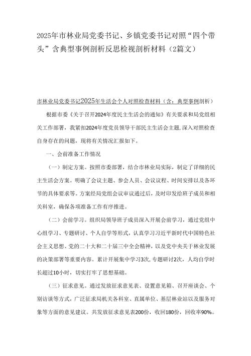 2025年市林业局党委书记、乡镇党委书记对照“四个带头”含典型事例剖析反思检视剖析材料（2篇文）.docx