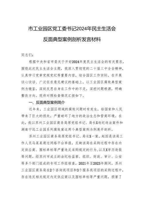 市工业园区党工委书记2024年民主生活会反面典型案例剖析发言材料.docx