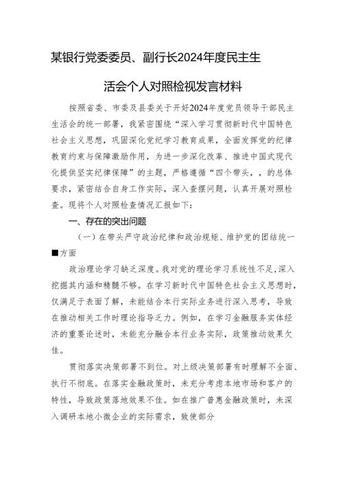 某银行党委委员、副行长2024年度民主生活会个人对照检视发言材料 四个带头 案例剖析.docx