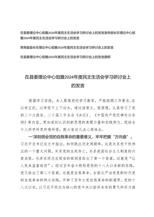 4篇 在理论中心组暨2024年度民主生活会学习研讨会上的发言提纲.docx