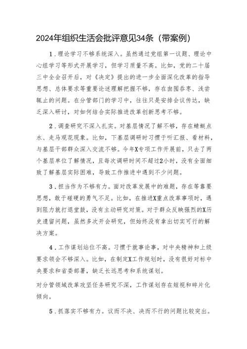 2024年组织生活会批评意见34条（带案例）1.docx