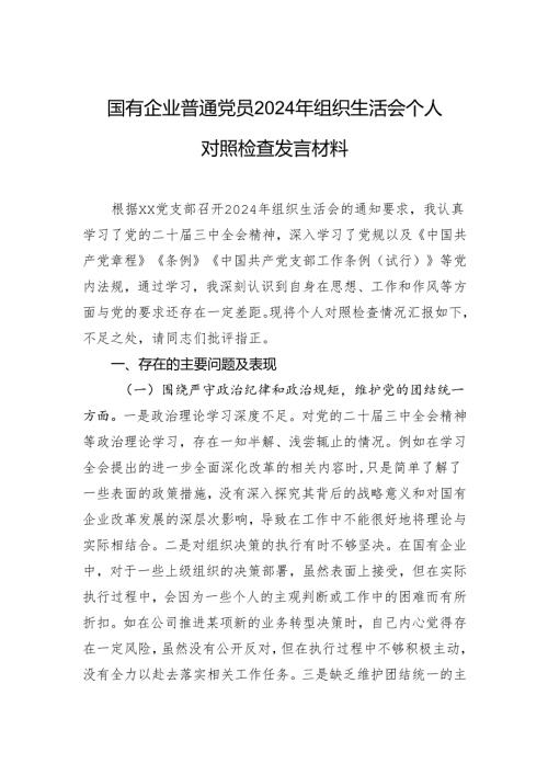 国有企业普通党员2024年度组织生活会个人对照检查发言材料.docx