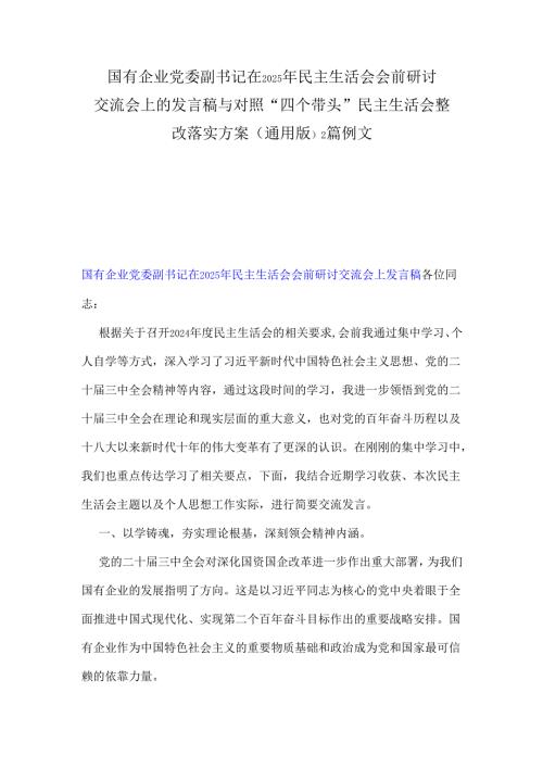 国有企业党委副书记在2025年民主生活会会前研讨交流会上的发言稿与对照“四个带头”民主生活会整改落实方案(通用版)2篇例文.docx