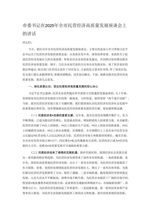 市委书记在2025年全市民营经济高质量发展座谈会上的讲话.docx