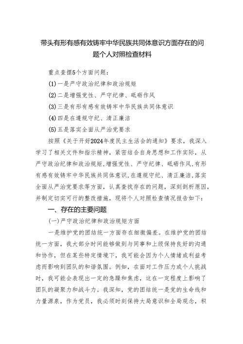 带头有形有感有效铸牢中华民族共同体意识方面存在的问题个人对照检查材料.docx