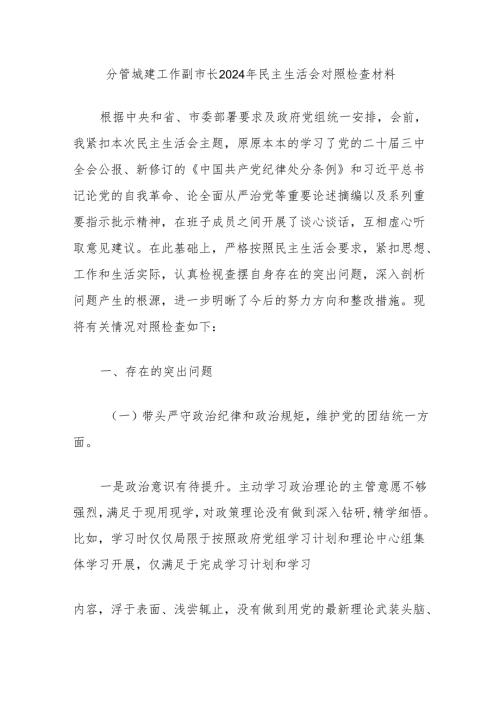 分管城建工作副市长2024年民主生活会对照检查材料.docx