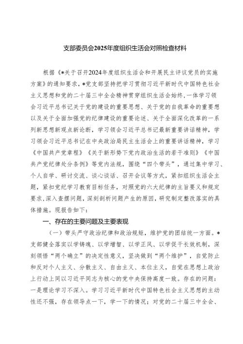 四篇 支部委员会2025年度组织生活会对照检查材料最新版.docx