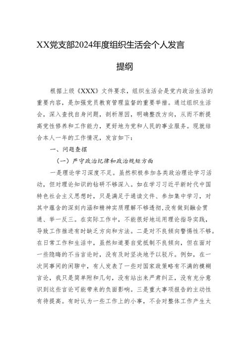 XX党支部2024年度组织生活会个人发言提纲.docx