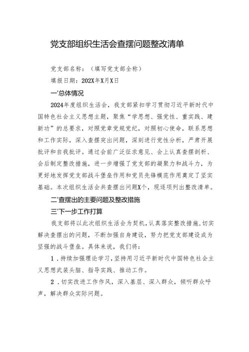 2024党支部组织生活会查摆问题整改清单.docx