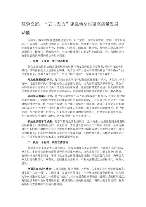 经验交流：“五向发力”建强堡垒 集聚高质量发展动能.docx
