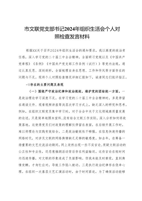 市文联党支部书记2024年组织生活会个人对照检查发言材料.docx